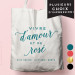 ote-Bag "Vive d'Amour et de Rosé" personnalisé Ecru, écriture couleur Bleu canard, avec pastilles